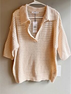 City Chic Star Alley Open Knit Sweater Polo Top Cream Plus Size NWT Size 16